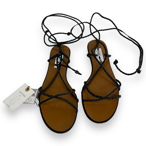 Black Zara Braided Leather Flat Tie Up Sandals Women’s Size 7.5 - Picture 8 of 12